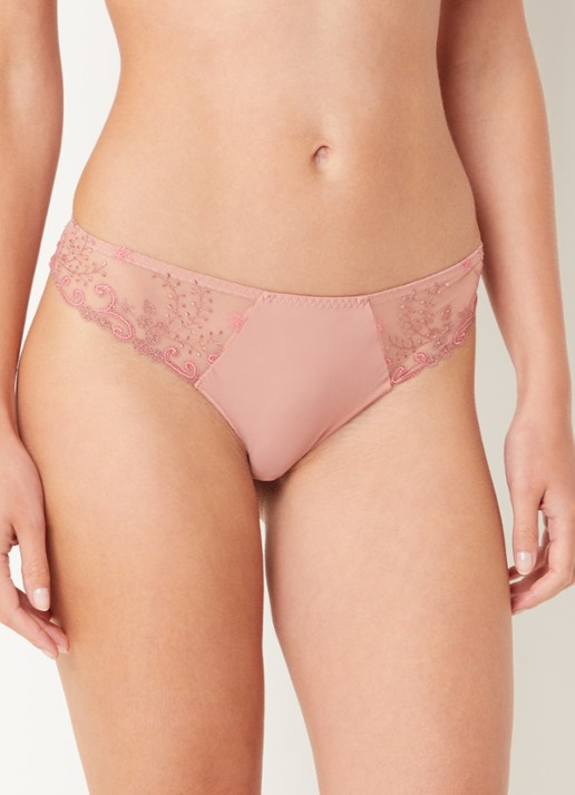 Simone Pérèle Delice string van mesh met borduring - voorkant 2 zalmroze