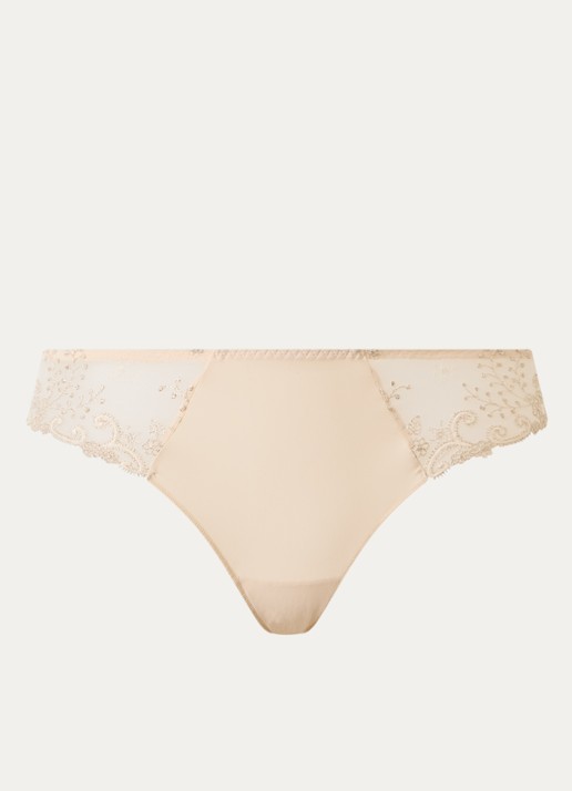 Simone Pérèle Delice tanga van mesh met borduring - voorkant beige
