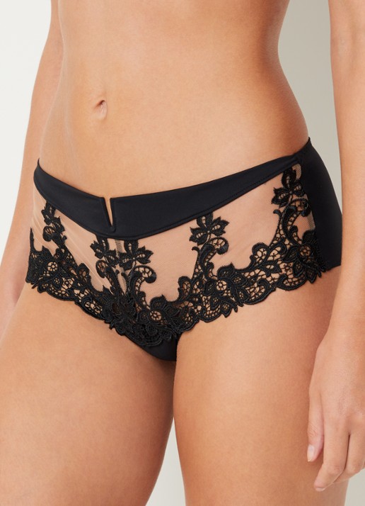 Simone Pérèle Saga slip van mesh met broderie - voorkant 2 zwart