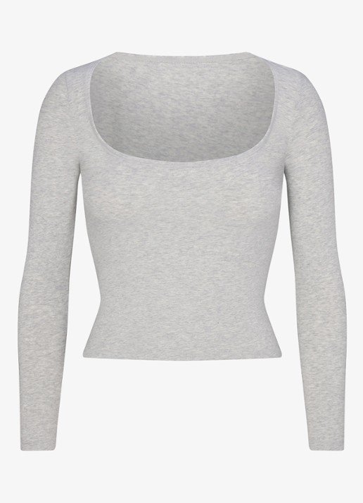 SKIMS Cotton Jersey longsleeve met rechthoekige hals - voorkant lichtgrijs