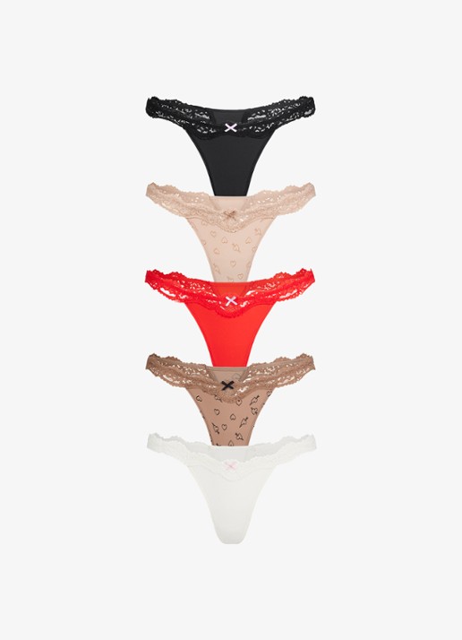 SKIMS Fits Everybody string met details van kant in 5-pack - voorkant beige