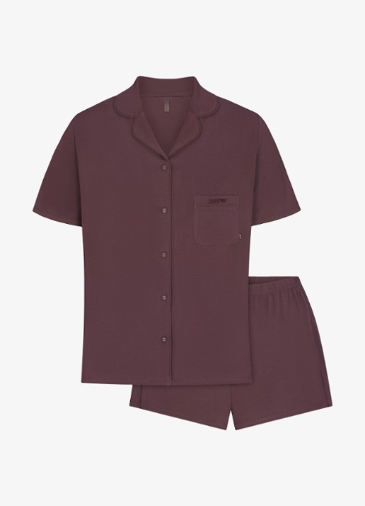 SKIMS Pyjamaset met logoborduring - voorkant 7 aubergine