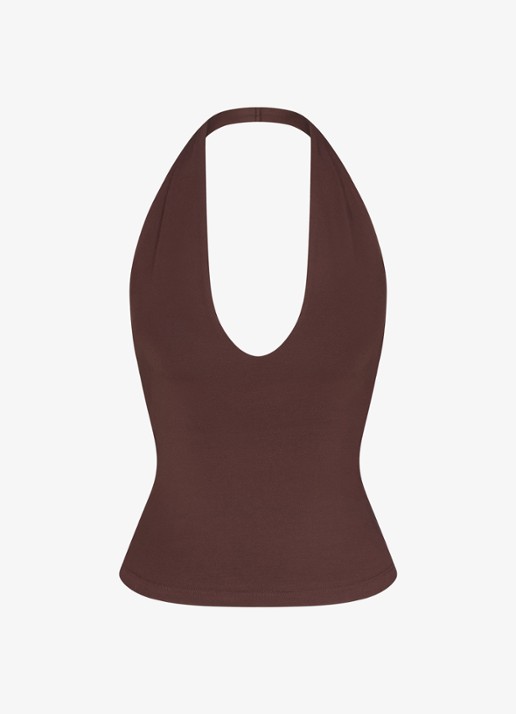 SKIMS Smooth Layers haltertop  - voorkant 3 chocoladebruin
