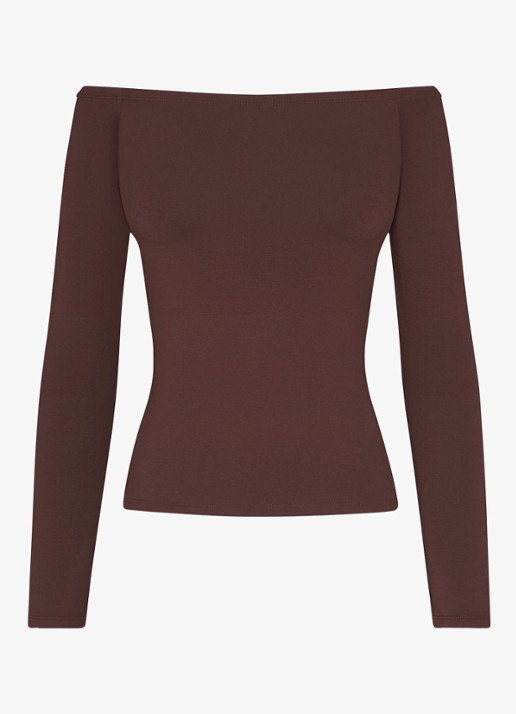 SKIMS Smooth Layers off shoulder top - voorkant chocoladebruin