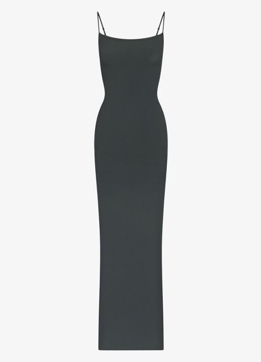 SKIMS Soft Lounge maxi jurk met ribstructuur - voorkant donkergroen