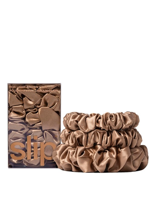 slip Back To Basics Pure Silk Scrunchies Set - haarelastiek van zijde set van 3 - voorkant 2 light brown