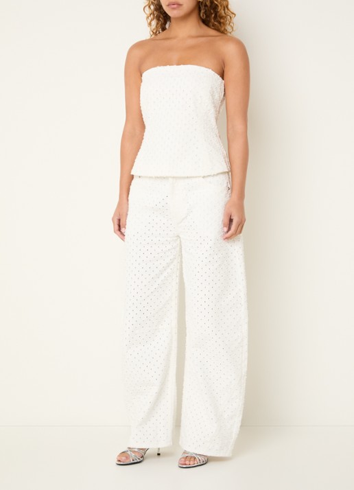 Sofie Schnoor Avasw off-shoulder top van denim met 3D print - voorkant 3 wit