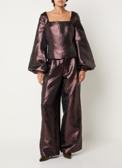 Sofie Schnoor Hannesw high waist wide fit broek met glanzende finish - voorkant 3 donkerbruin