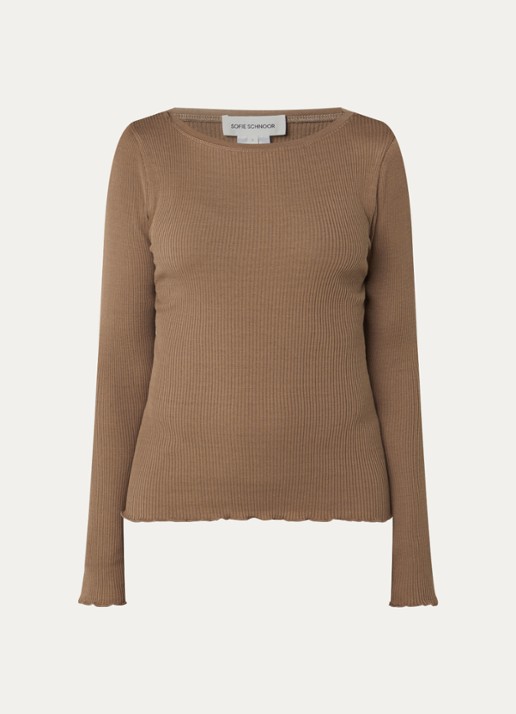Sofie Schnoor Irisasw longsleeve in zijdeblend met ribstructuur - voorkant bruin