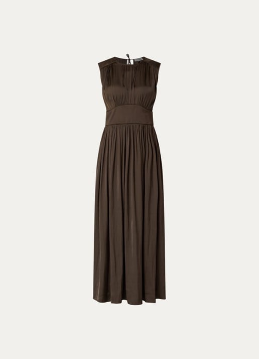 Sofie Schnoor Linsw maxi jurk met plooidetail - voorkant donkerbruin