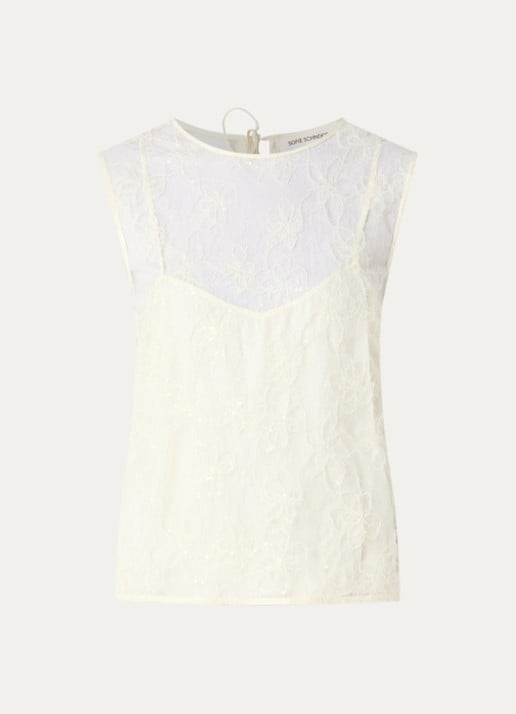 Sofie Schnoor Odessasw semi-transparante top van mesh met pailletten en borduring - voorkant 3 creme