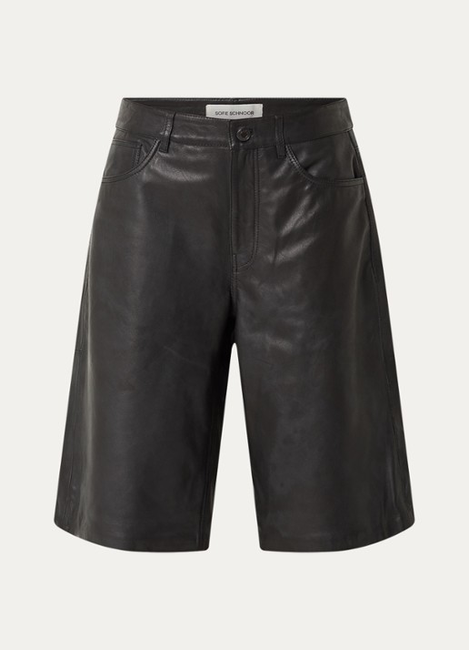 Sofie Schnoor Voke high waist wide leg korte broek van lamsleer - voorkant 3 zwart