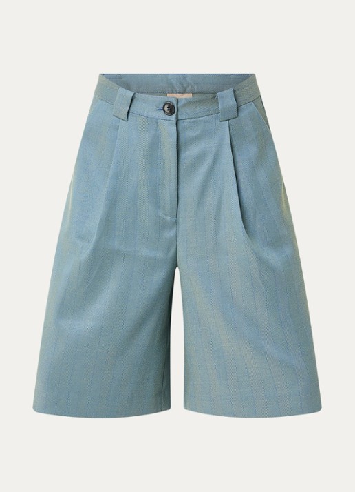 Stella Nova Mid waist wide fit korte broek met visgraat dessin - voorkant 3 petrol