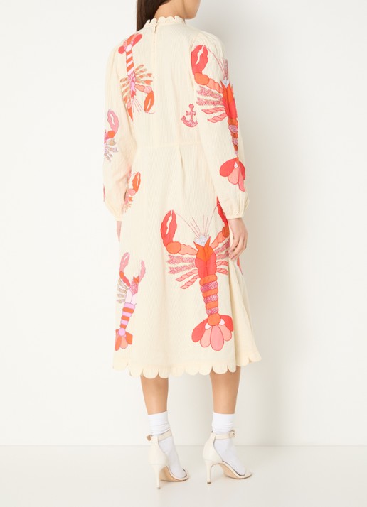 Stella Nova Midi jurk met borduring en opstaande kraag - achterkant beige