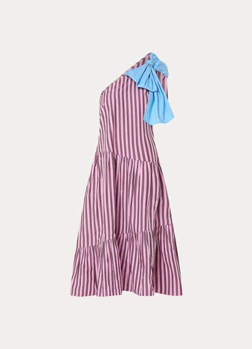 Stella Nova Midi jurk met streepprint en asymmetrische hals - voorkant 2 roze