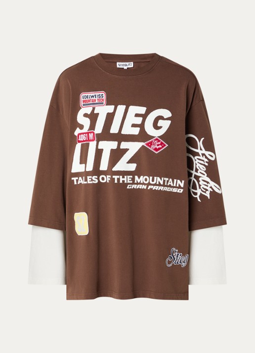 Stieglitz Daria long sleeve met logoprint - voorkant 3 hazelnootbruin