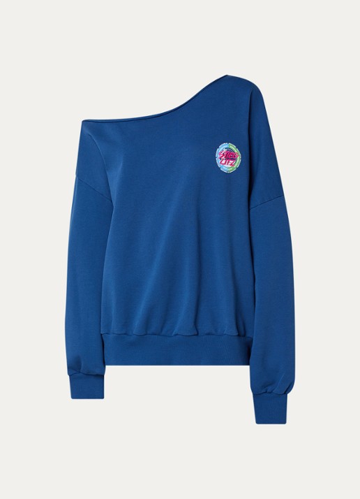 Stieglitz Maik off shoulder oversized sweater met logo- en backprint - voorkant blauw
