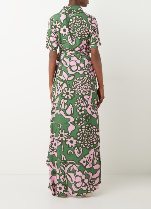 Stieglitz Tara maxi wikkeljurk met print in viscoseblend - achterkant 4 donkergroen