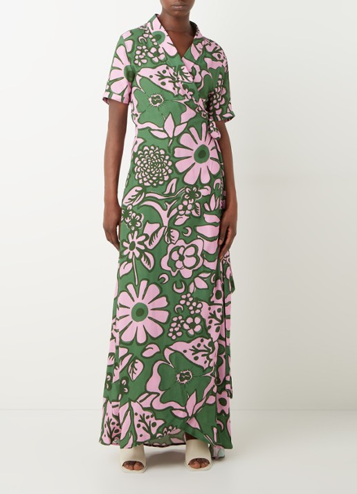 Stieglitz Tara maxi wikkeljurk met print in viscoseblend - detail 3 donkergroen