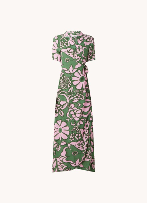 Stieglitz Tara maxi wikkeljurk met print in viscoseblend - voorkant donkergroen
