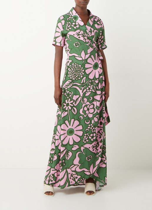 Stieglitz Tara maxi wikkeljurk met print in viscoseblend - voorkant 2 donkergroen