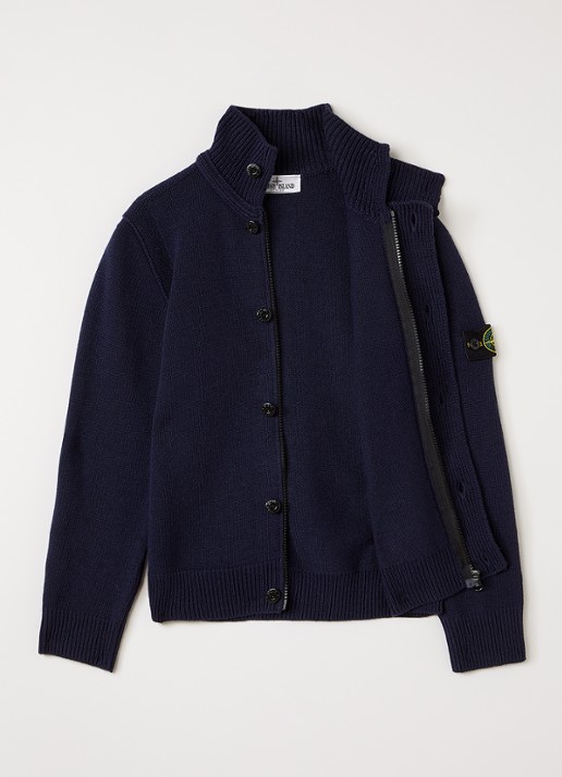 Stone Island 00003 grofgebreid vest in scheerwolblend met logo - voorkant 3 donkerblauw
