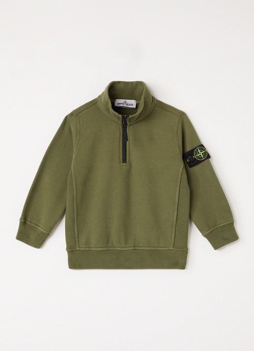 Stone Island 00005 sweater met logo en halve rits - voorkant legergroen