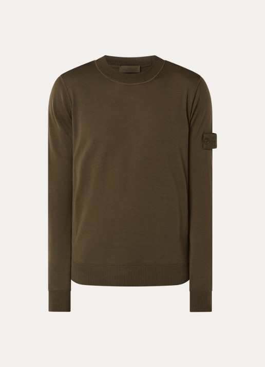 Stone Island 00074 fijngebreide pullover van scheerwol met logo - voorkant legergroen