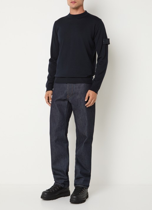 Stone Island 00074 fijngebreide pullover van scheerwol met logo - voorkant 2 donkerblauw