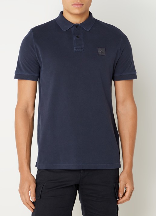 Stone Island 2SC67 slim fit polo van piqué katoen met logo - detail donkerblauw