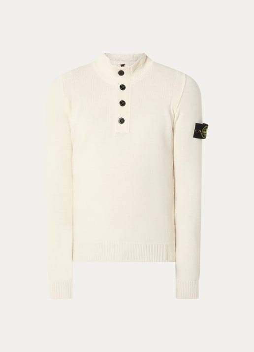 Stone Island 5100040 Fijngebreide trui in wolblend met logo - voorkant 3 ivoor