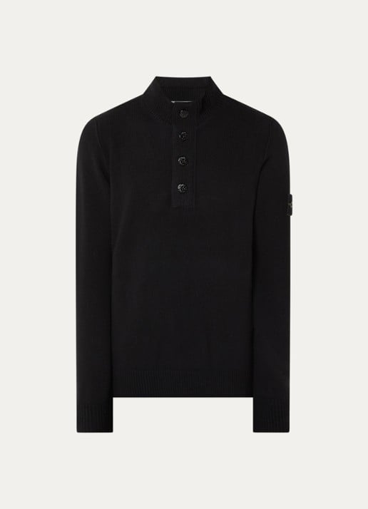 Stone Island 5100040 Fijngebreide trui in wolblend met logo - voorkant zwart