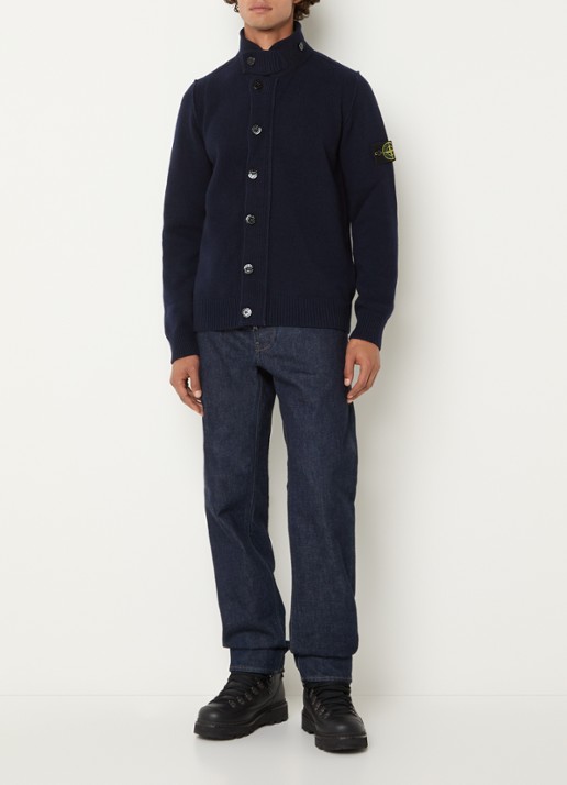 Stone Island 5100047 Fijngebreid vest in wolblend met logo - voorkant 4 donkerblauw