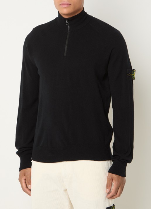 Stone Island S00A1 fijngebreide pullover in wolblend met halve rits - detail zwart