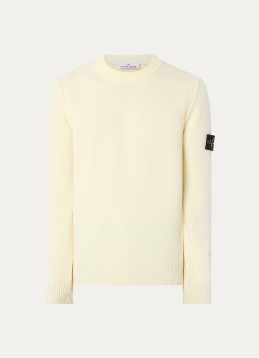 Stone Island S00A3 fijngebreide trui in wolblend met logo - voorkant gebroken wit