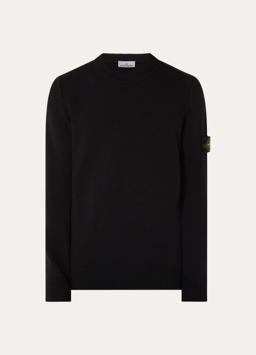 Stone Island S00A3 fijngebreide trui in wolblend met logo - voorkant zwart