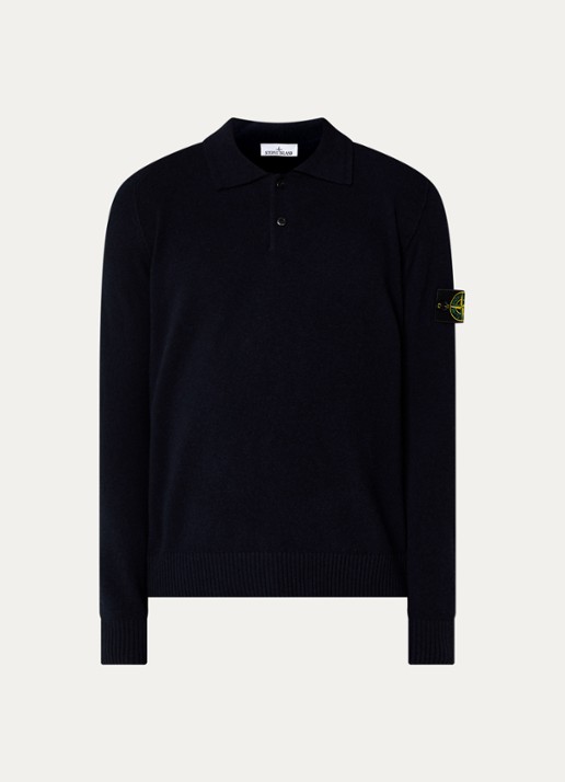 Stone Island S00B4 fijngebreide trui van scheerwol met polokraag - voorkant 4 donkerblauw