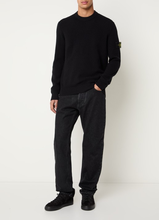 Stone Island S01C4 grofgebreide trui van scheerwol met logo - voorkant 4 zwart