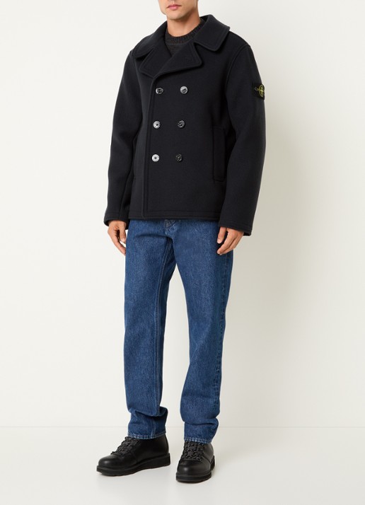 Stone Island S0453 mantel in kasjmierblend met logo - voorkant 6 donkerblauw