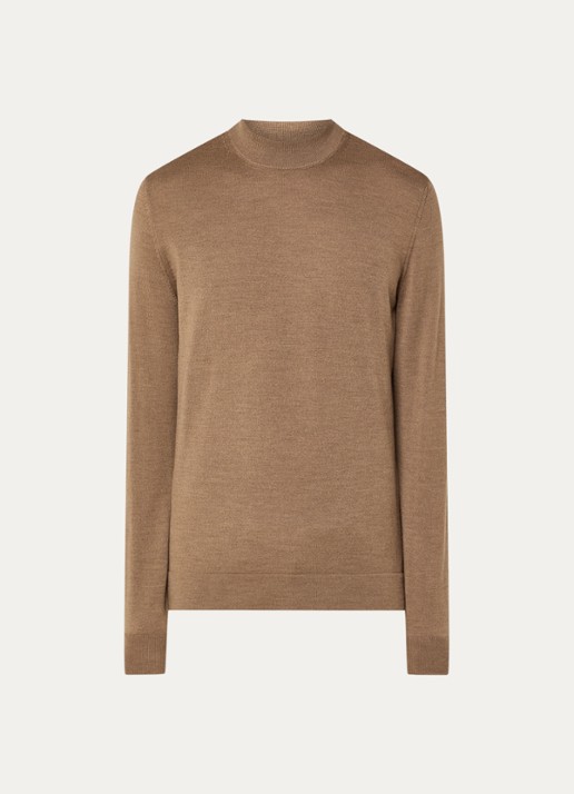 Strellson Marek fijngebreide pullover van wol met col - voorkant donkerbeige