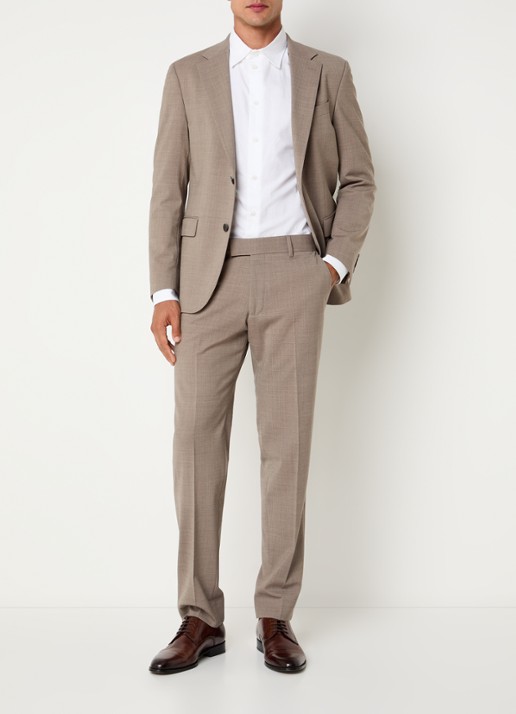 Strellson Melwin slim fit pantalon in wolblend met gemêleerd dessin - voorkant 6 beige