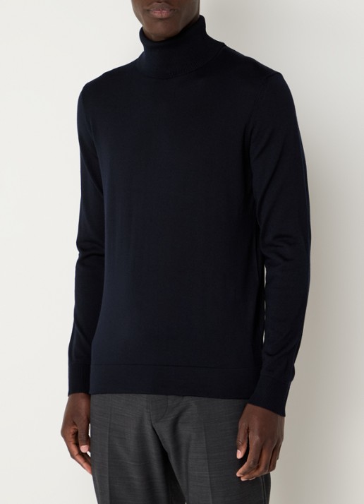 Strellson Ribgebreide trui van scheerwol met col - detail 3 donkerblauw