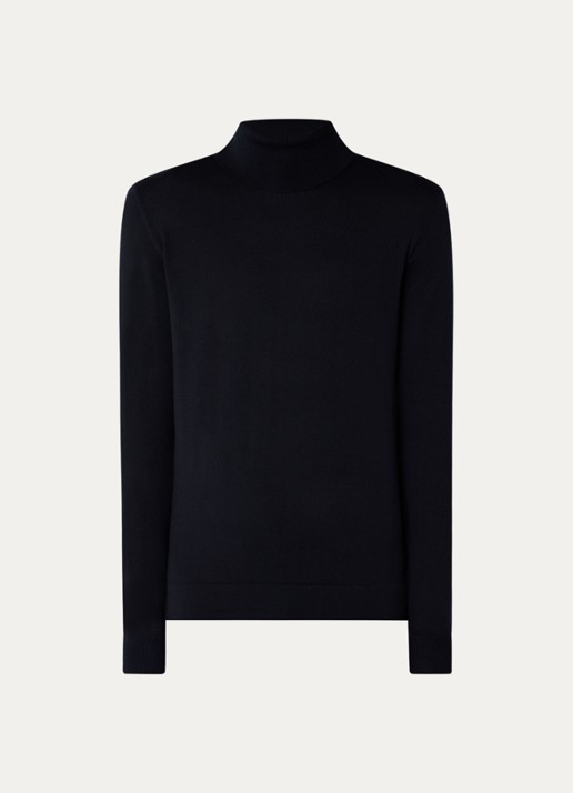 Strellson Ribgebreide trui van scheerwol met col - voorkant donkerblauw