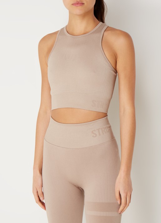 STRONGER Embrace cropped trainingstop met ribstructuur - detail taupe