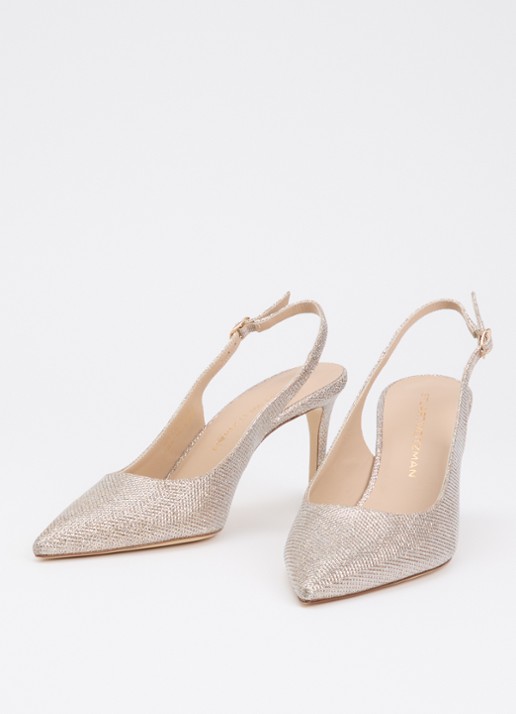 Stuart Weitzman Power 75 slingback met mesh en glitter - detail zilver