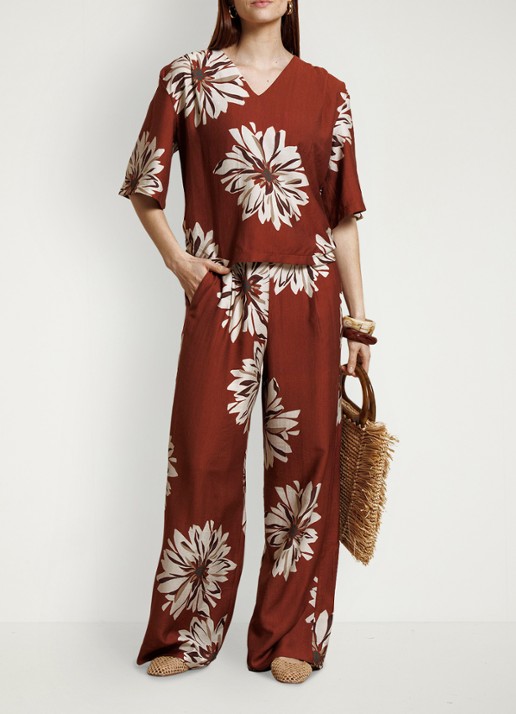Studio Anneloes Bruce high waist wide fit palazzo broek met bloemenprint - voorkant 2 roestbruin