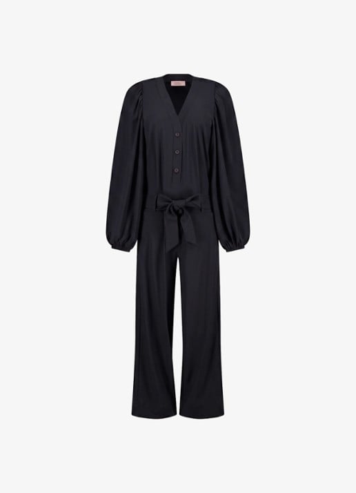 Studio Anneloes Cherie straight fit jumpsuit met strikceintuur - voorkant 3 zwart