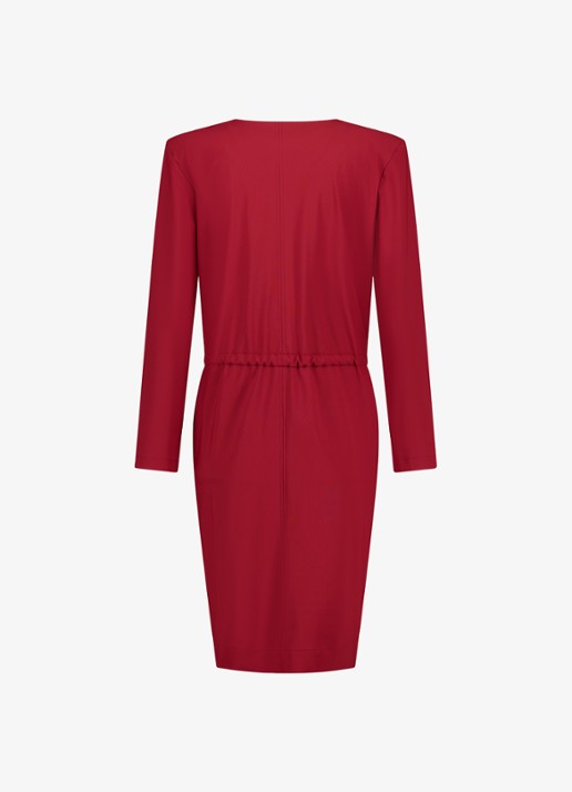 Studio Anneloes Fern midi jurk met strik ceintuur en schoudervulling - achterkant 5 donkerrood