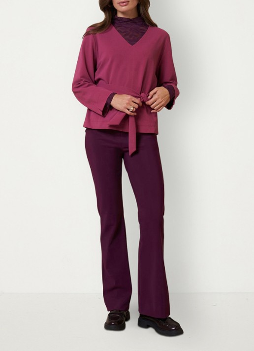 Studio Anneloes Flair mid waist flared fit broek van travelstof - voorkant 3 paars