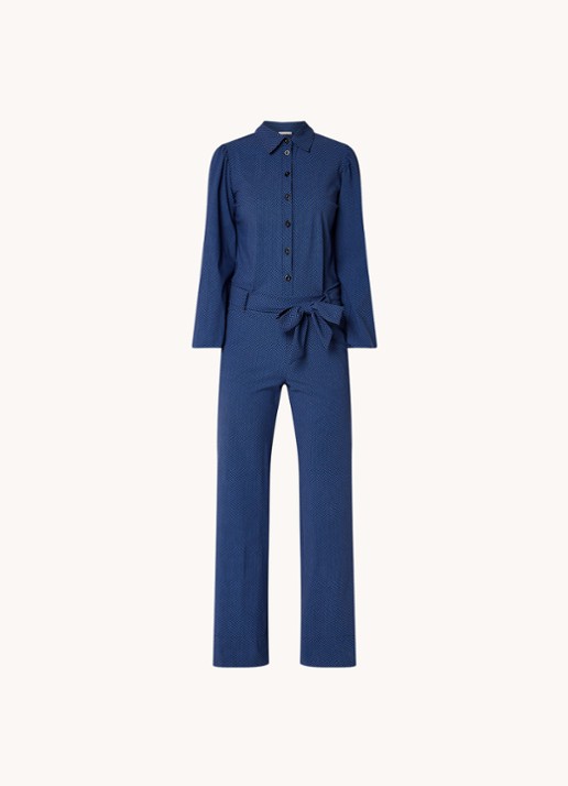 Studio Anneloes Nouk flared fit jumpsuit van travelstof met grafische print - voorkant kobaltblauw